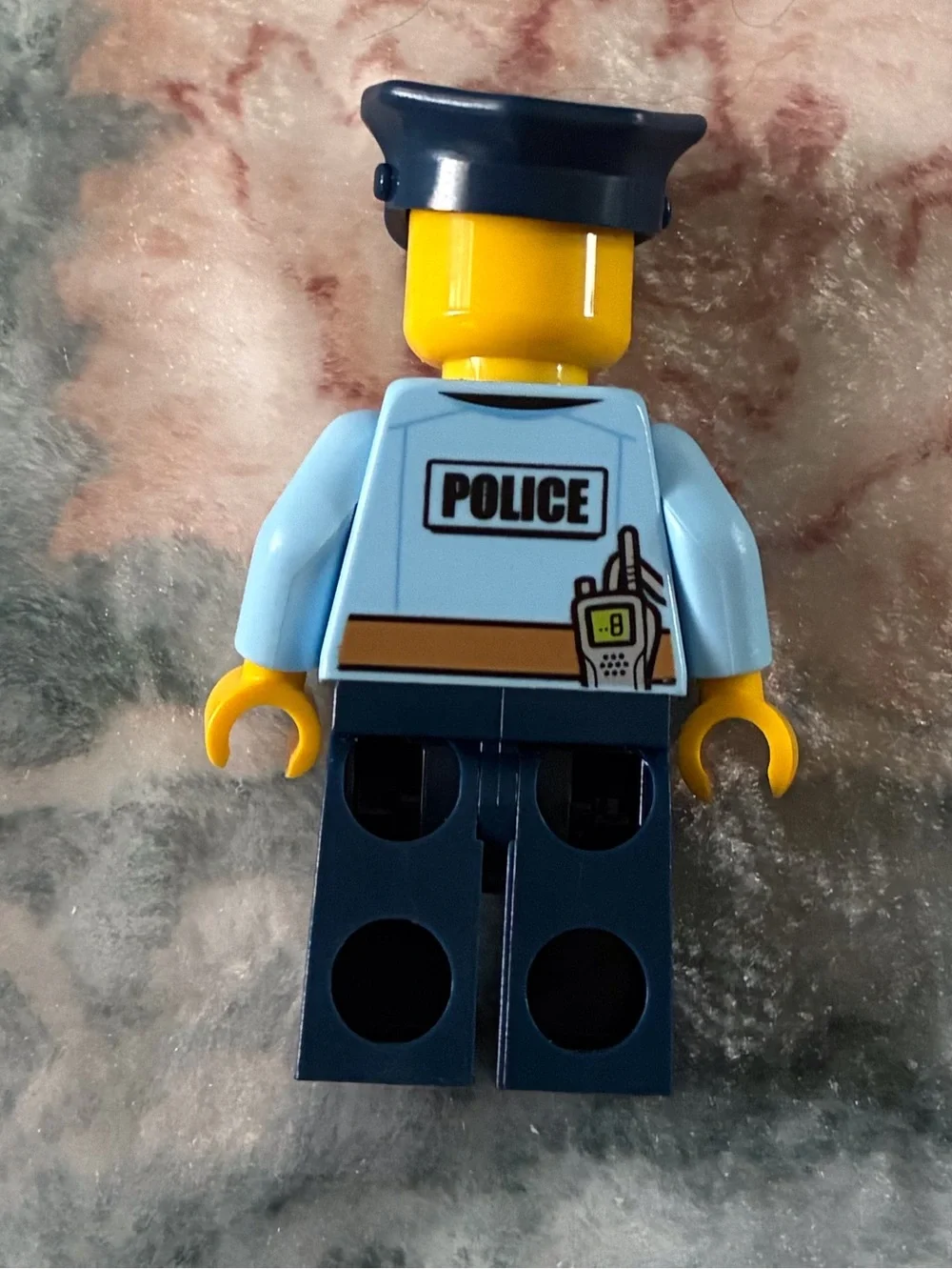 Lego Police Minifigure - Light Blue Torso, Dark Blue Hat & Pants, Yellow Head
